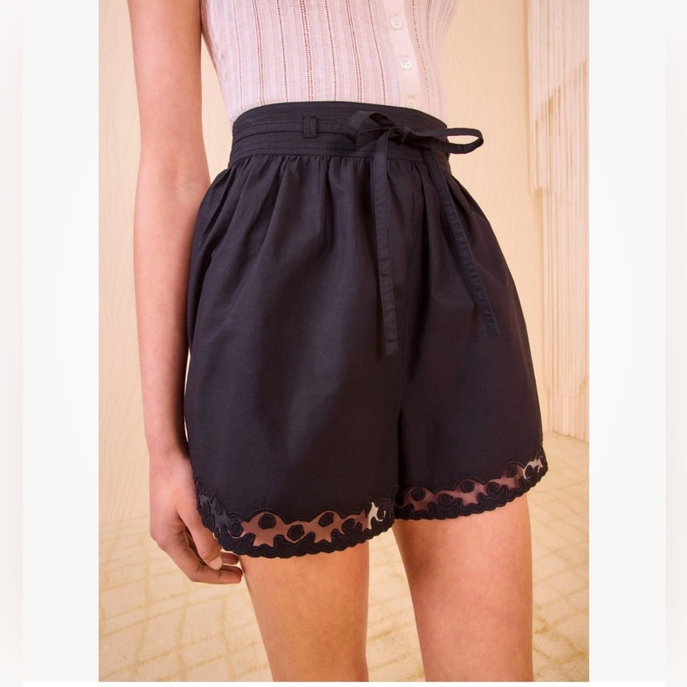 Ulla Johnson Black Cotton Tie Waist Shorts Lace Trim Size 0